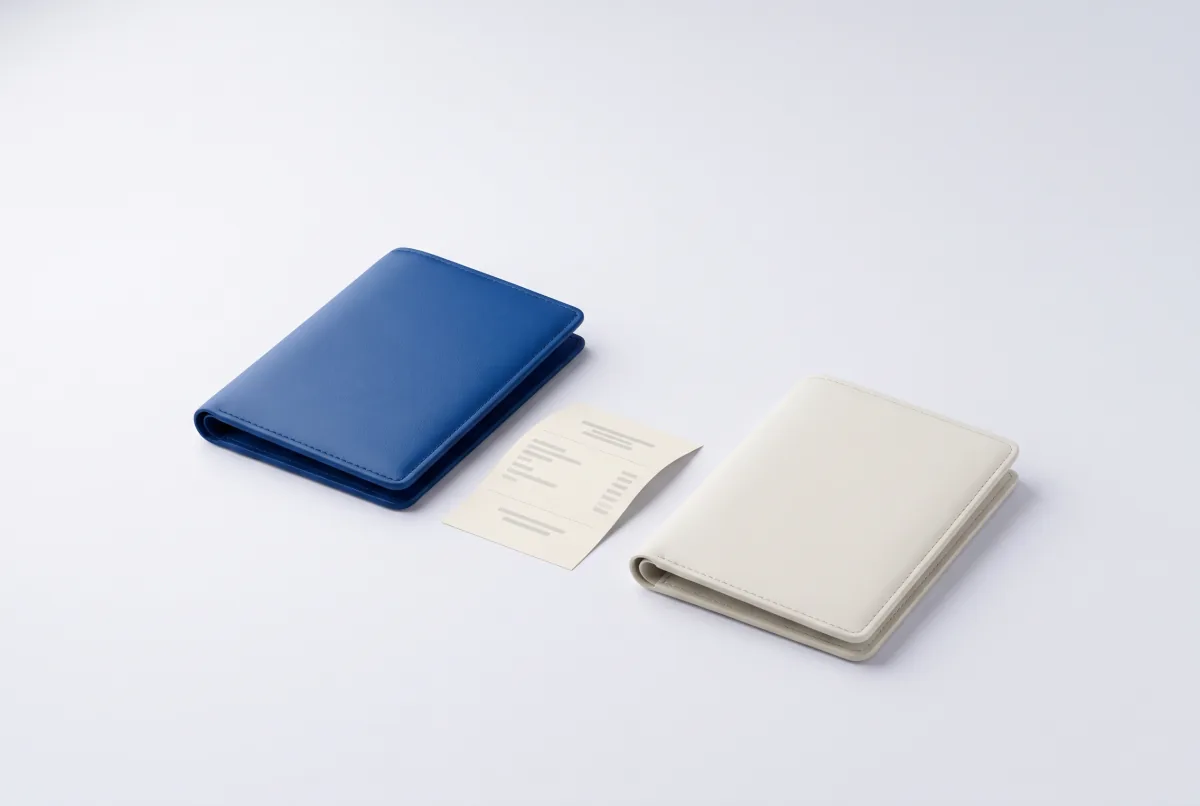 A blue wallet and an ivory wallet with a receipt between them.