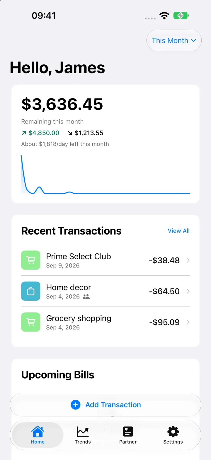 Spendimo home screen showing monthly income and spending, recent transactions, and upcoming bills.
