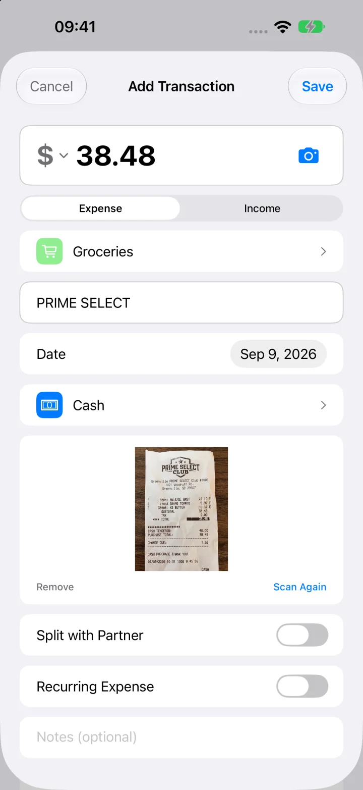Spendimo receipt review with a merchant, date, category, total, and attached receipt photo.